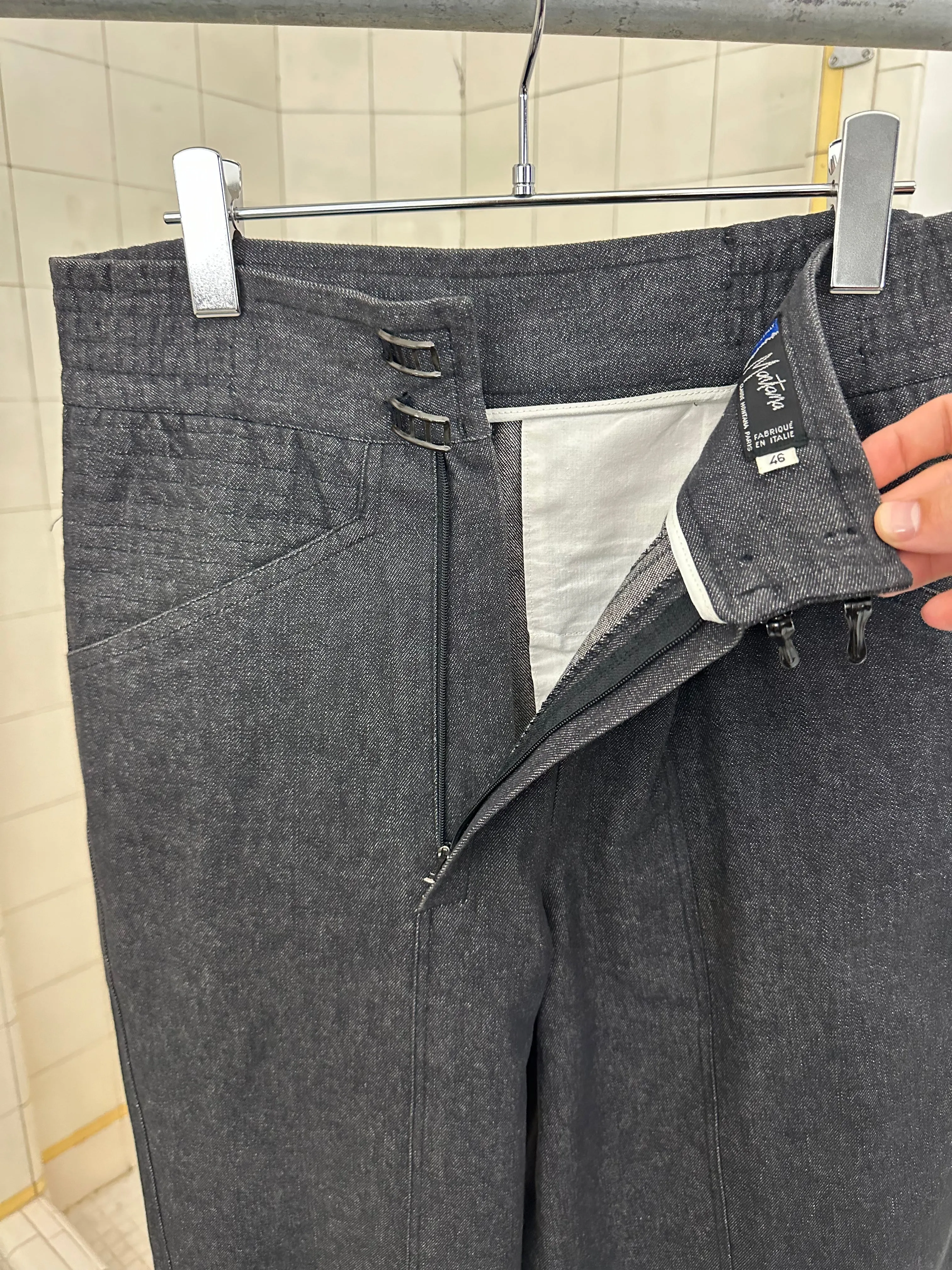 1980s Claude Montana Denim Trousers with Off Center Metal Clasp Closure - Size M