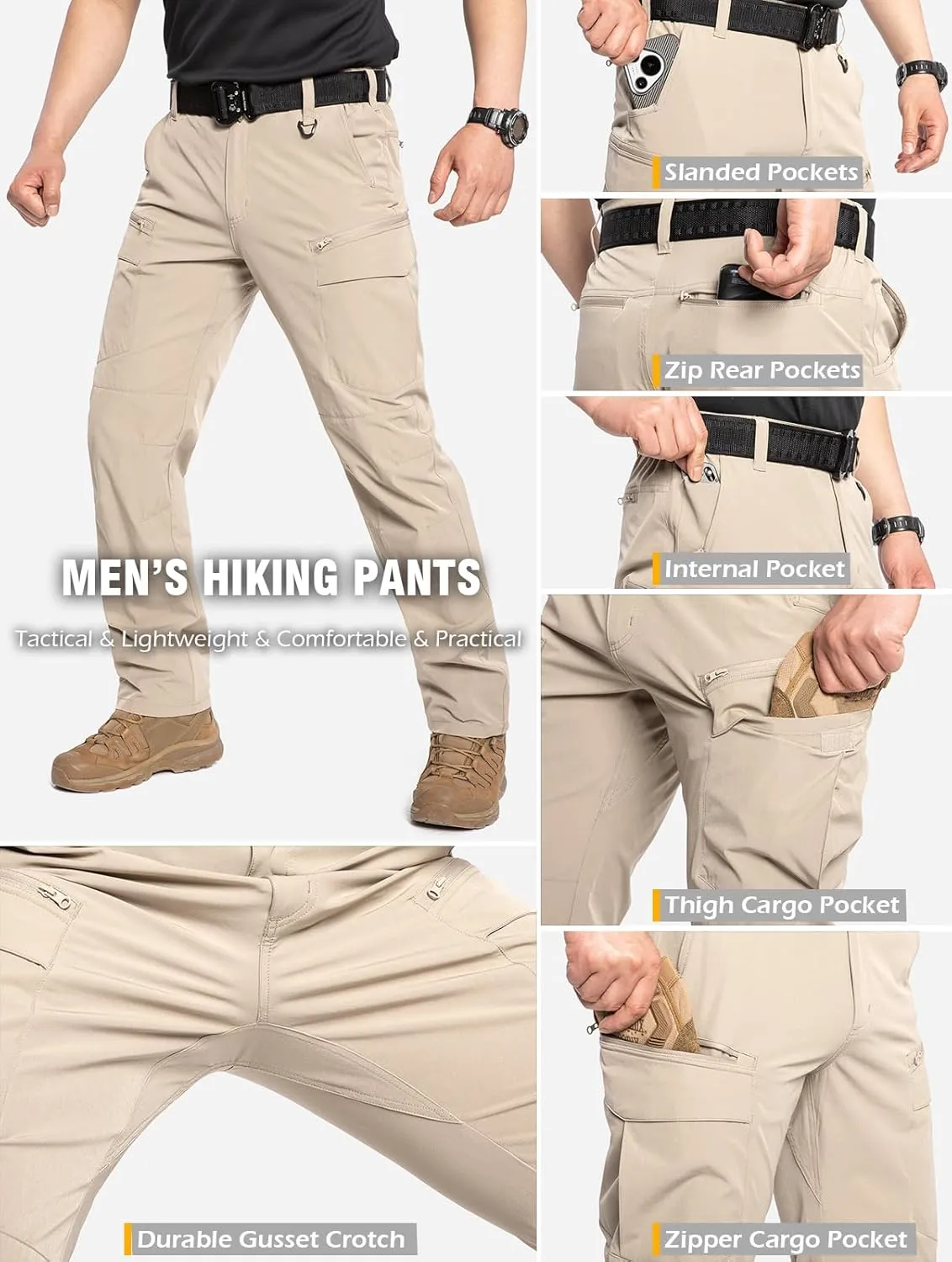 CARWORNIC Men's Quick Dry Tactical Hiking Pants Flex Water Resistant Lightweight Outdoor Fishing Cargo Work Pants 9 Pockets
