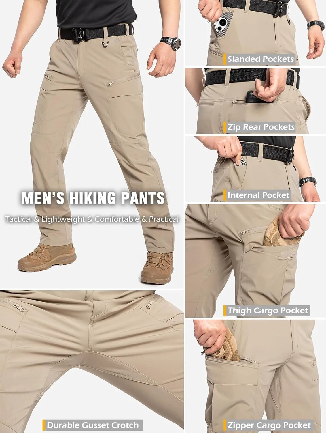 CARWORNIC Men's Quick Dry Tactical Hiking Pants Flex Water Resistant Lightweight Outdoor Fishing Cargo Work Pants 9 Pockets