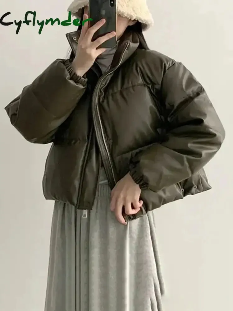 Cyflymder Parkas for Women Faux Leather Zippers Turtleneck Casual Coat Winter Fashion Thermal Button Pocket Female Jackets