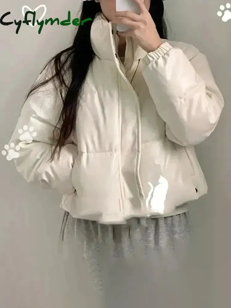 Cyflymder Parkas for Women Faux Leather Zippers Turtleneck Casual Coat Winter Fashion Thermal Button Pocket Female Jackets