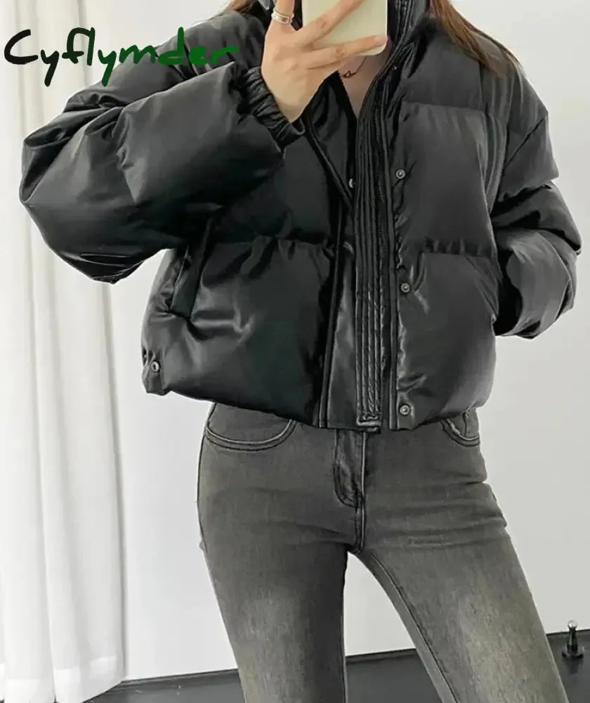 Cyflymder Parkas for Women Faux Leather Zippers Turtleneck Casual Coat Winter Fashion Thermal Button Pocket Female Jackets