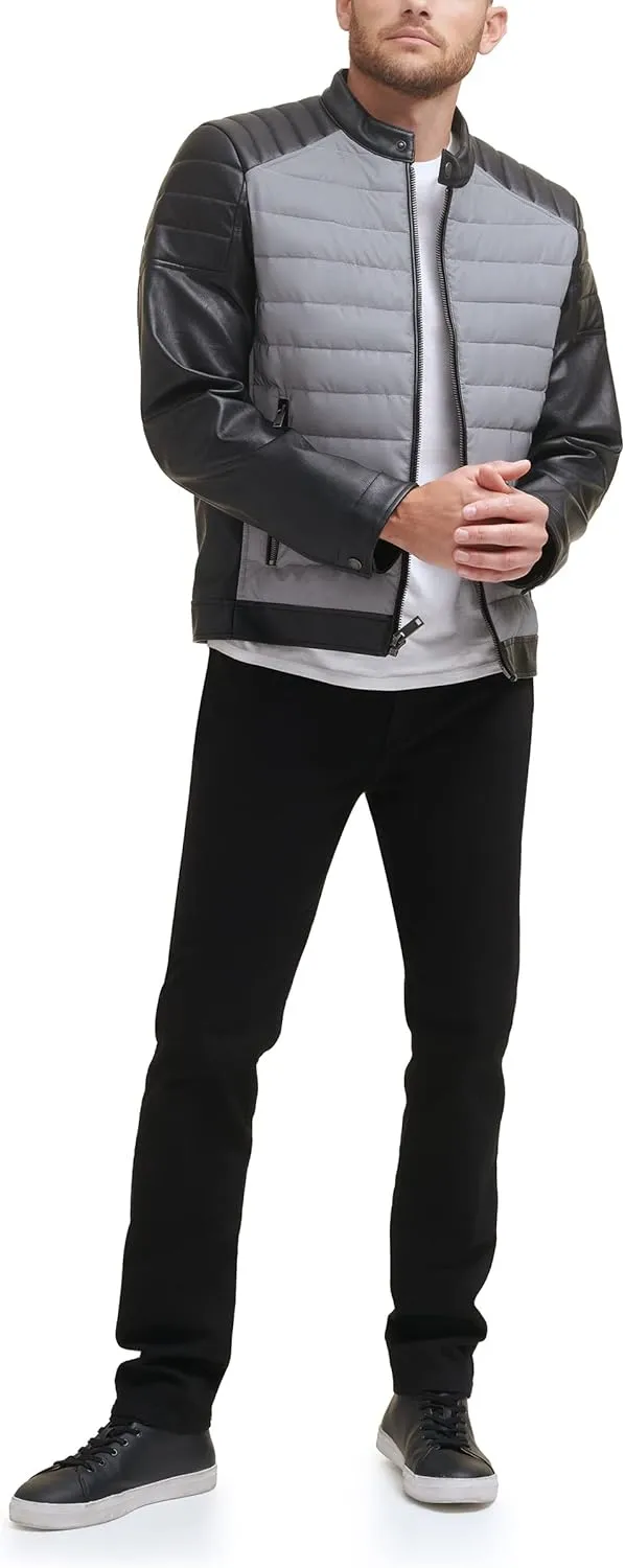 DKNY Men's Mixed Media Faux Leather Puffer Motocros Racer Jacket