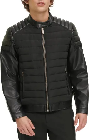 DKNY Men's Mixed Media Faux Leather Puffer Motocros Racer Jacket