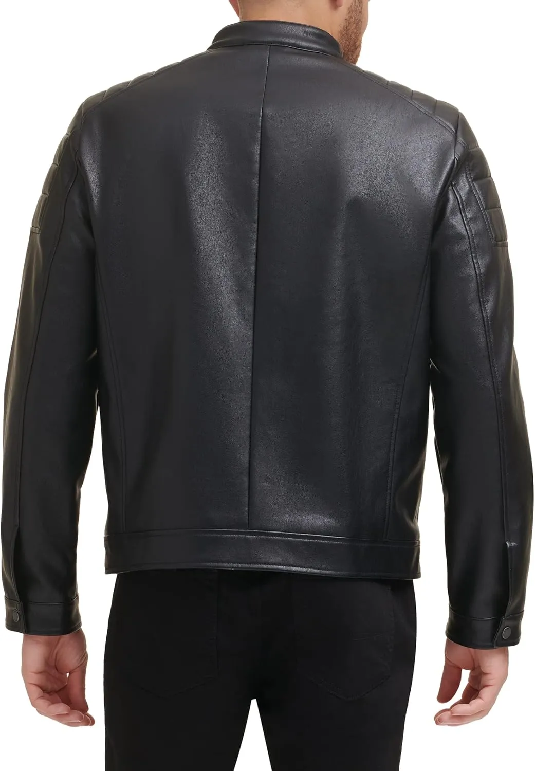 DKNY Men's Mixed Media Faux Leather Puffer Motocros Racer Jacket