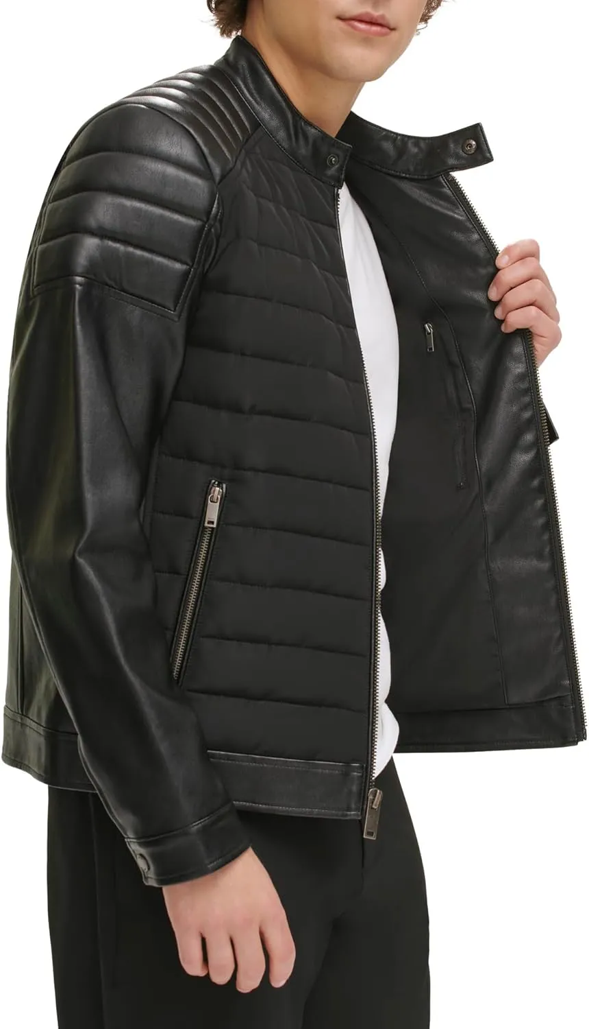 DKNY Men's Mixed Media Faux Leather Puffer Motocros Racer Jacket
