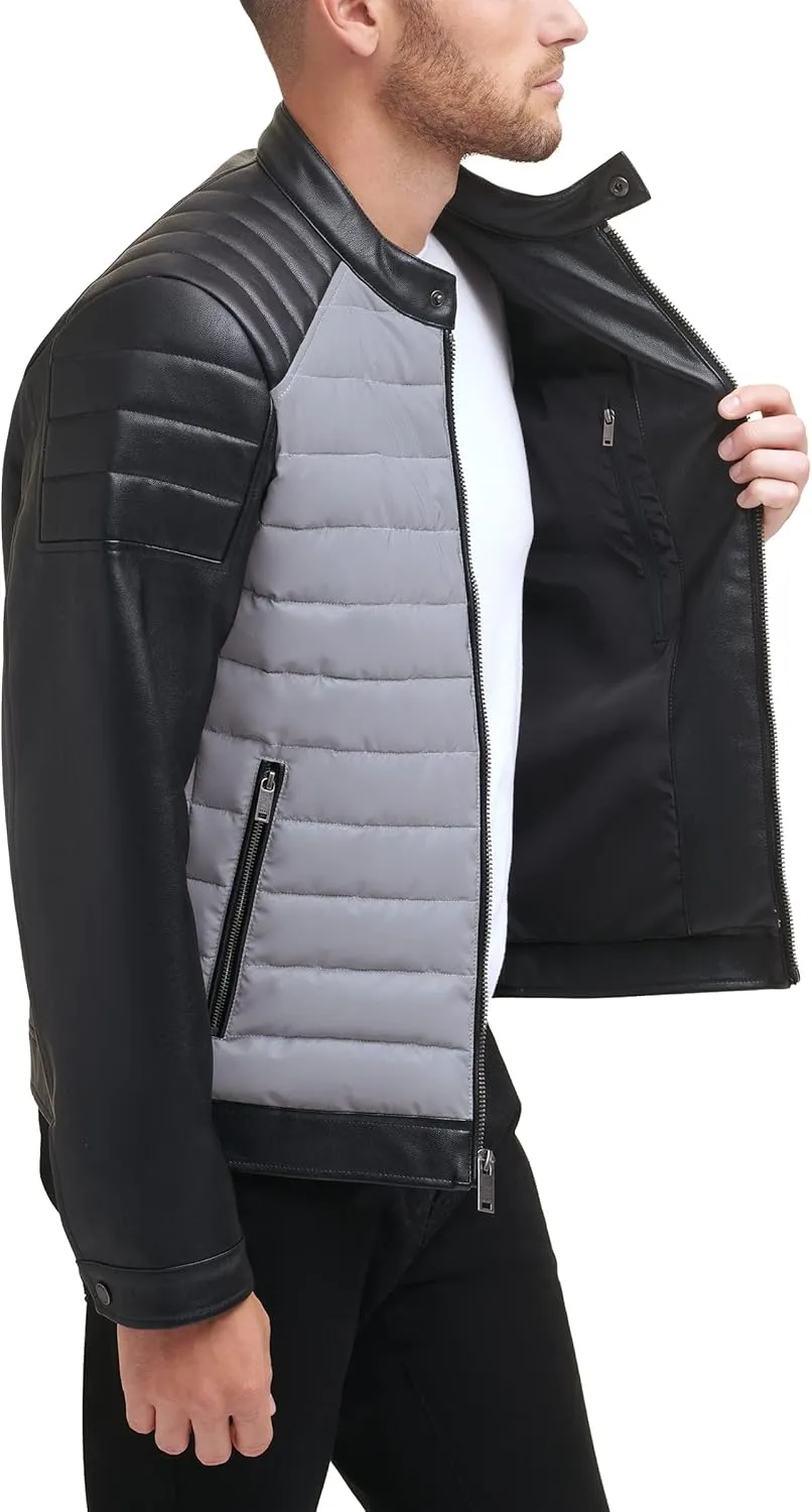 DKNY Men's Mixed Media Faux Leather Puffer Motocros Racer Jacket