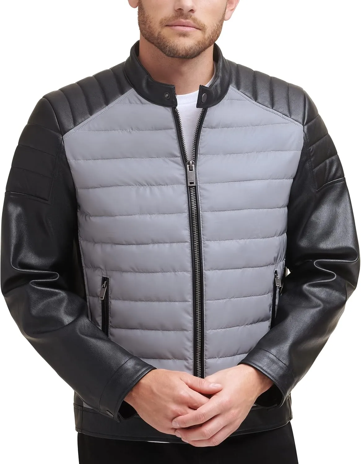 DKNY Men's Mixed Media Faux Leather Puffer Motocros Racer Jacket