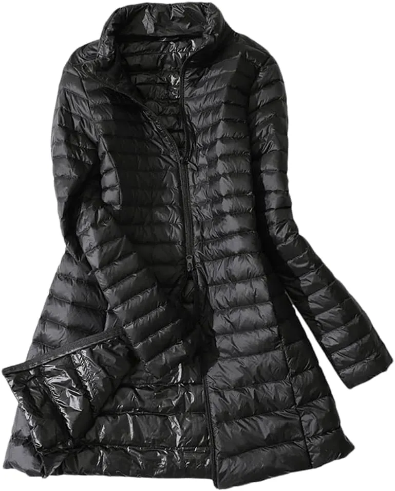 Dninmim Women's Light Stand Collar Thin Duck Down Puffer Jackets Winter Coat Quilted Parkas Outerwear