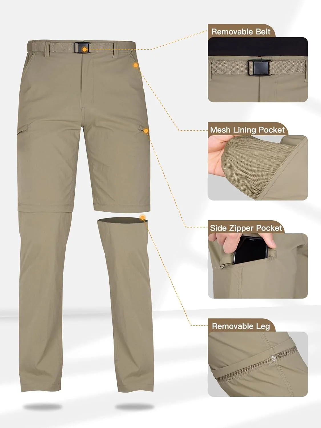 FREE SOLDIER Men's Outdoor Convertible Hiking Pants with Belt Lightweight Quick Dry Tactical Cargo Pants Nylon Spandex