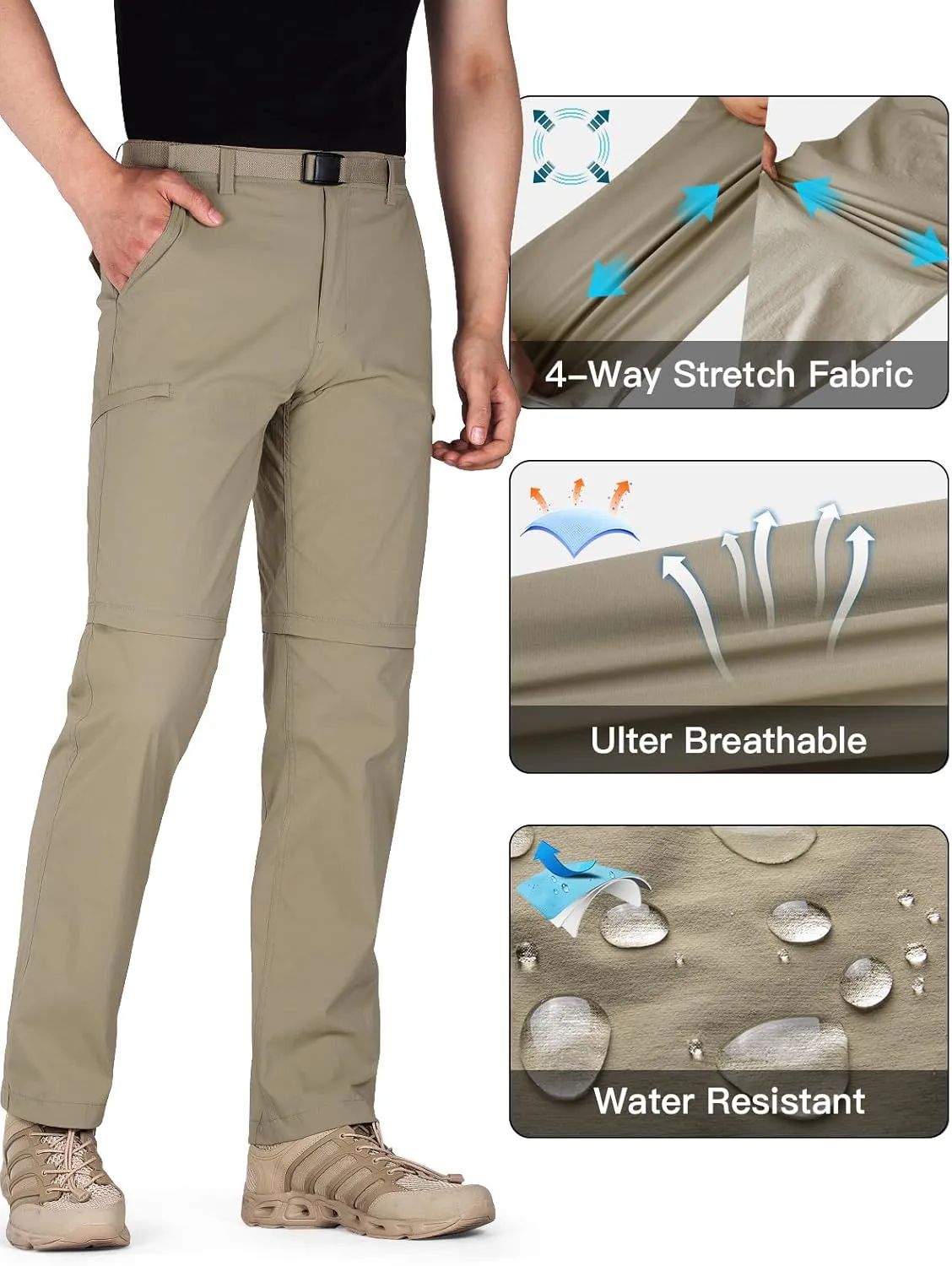 FREE SOLDIER Men's Outdoor Convertible Hiking Pants with Belt Lightweight Quick Dry Tactical Cargo Pants Nylon Spandex