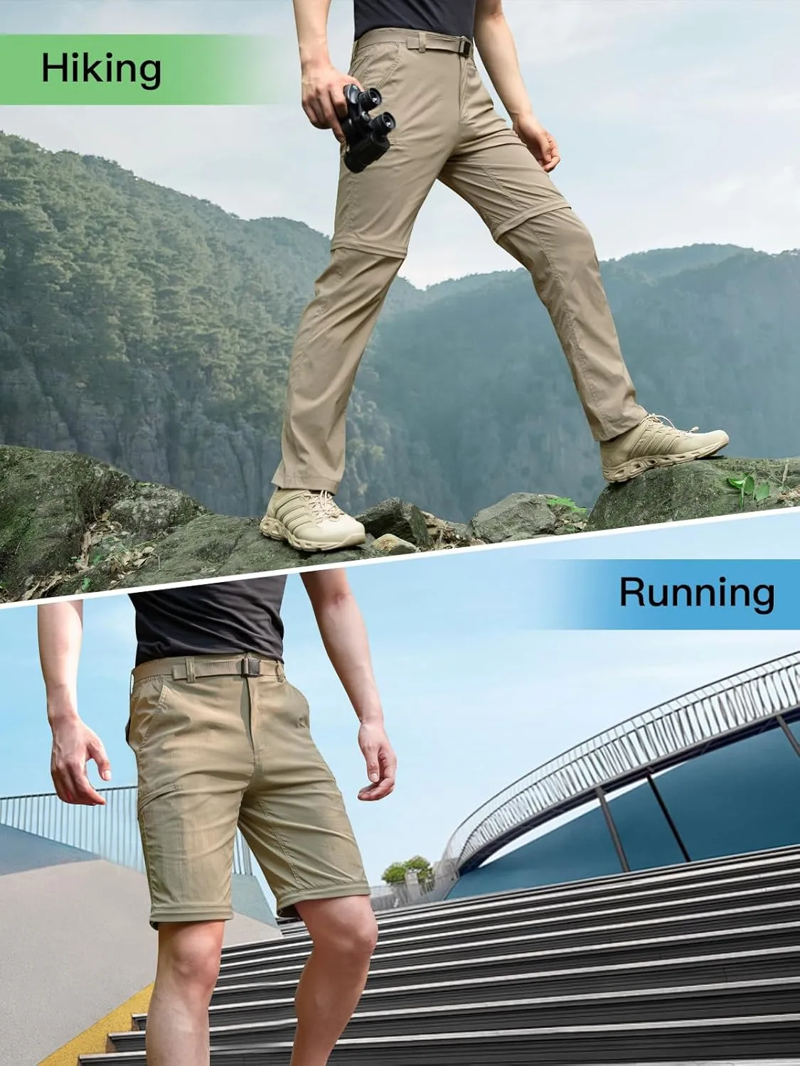 FREE SOLDIER Men's Outdoor Convertible Hiking Pants with Belt Lightweight Quick Dry Tactical Cargo Pants Nylon Spandex