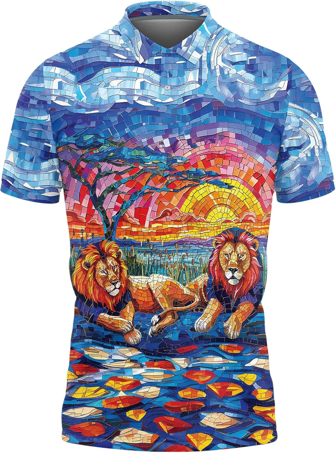 Lion Golf Shirt Men Funny Golf Polos for Men Dry Fit- Power Animal Golf Polo Shirts Hawaiian Polo Golf Outfits (MP_PL_40)