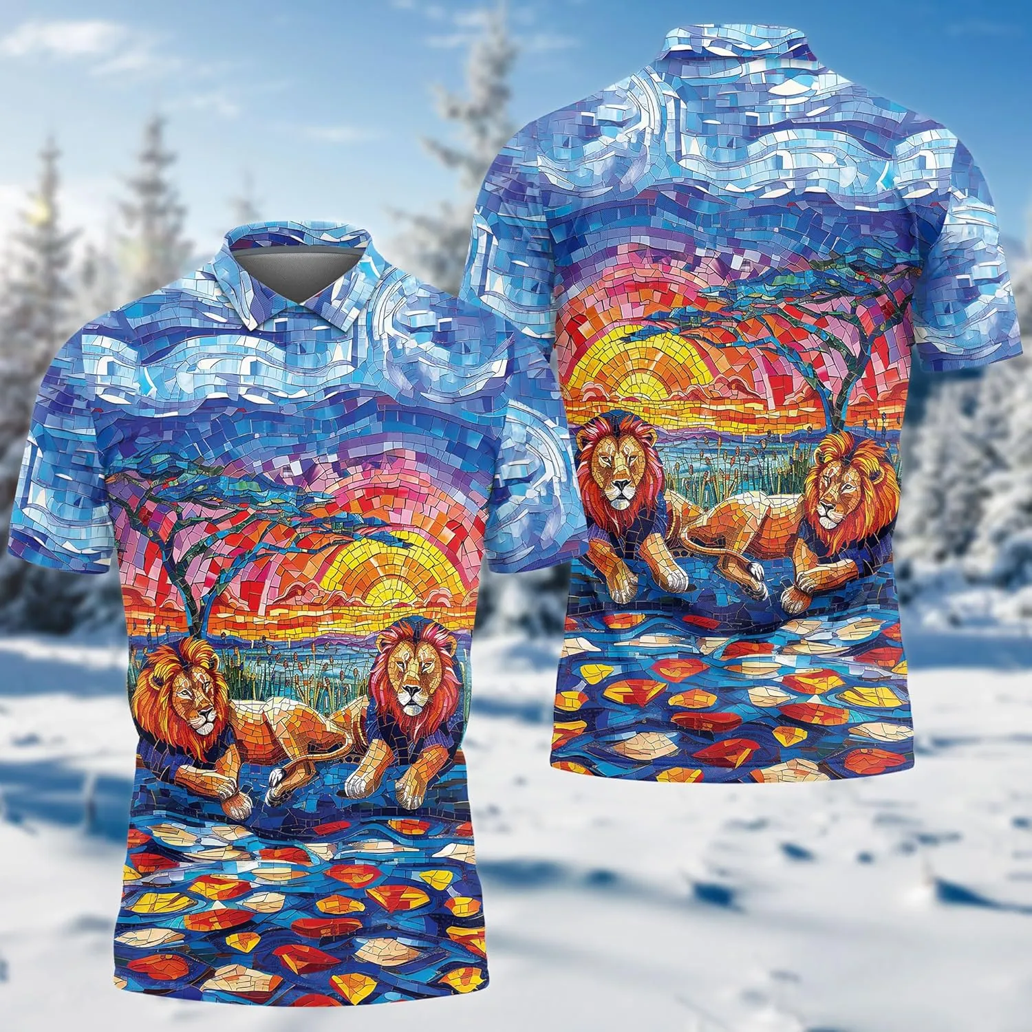 Lion Golf Shirt Men Funny Golf Polos for Men Dry Fit- Power Animal Golf Polo Shirts Hawaiian Polo Golf Outfits (MP_PL_40)