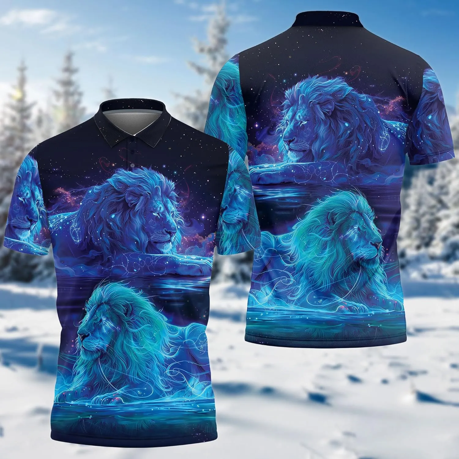 Lion Golf Shirt Men Funny Golf Polos for Men Dry Fit- Power Animal Golf Polo Shirts Hawaiian Polo Golf Outfits (MP_PL_40)