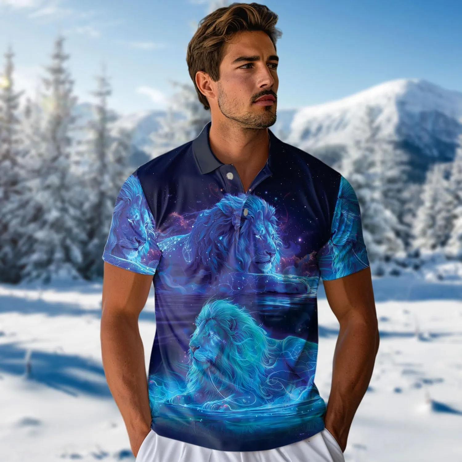 Lion Golf Shirt Men Funny Golf Polos for Men Dry Fit- Power Animal Golf Polo Shirts Hawaiian Polo Golf Outfits (MP_PL_40)