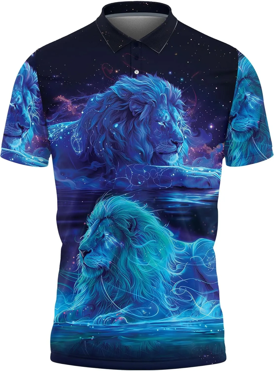 Lion Golf Shirt Men Funny Golf Polos for Men Dry Fit- Power Animal Golf Polo Shirts Hawaiian Polo Golf Outfits (MP_PL_40)