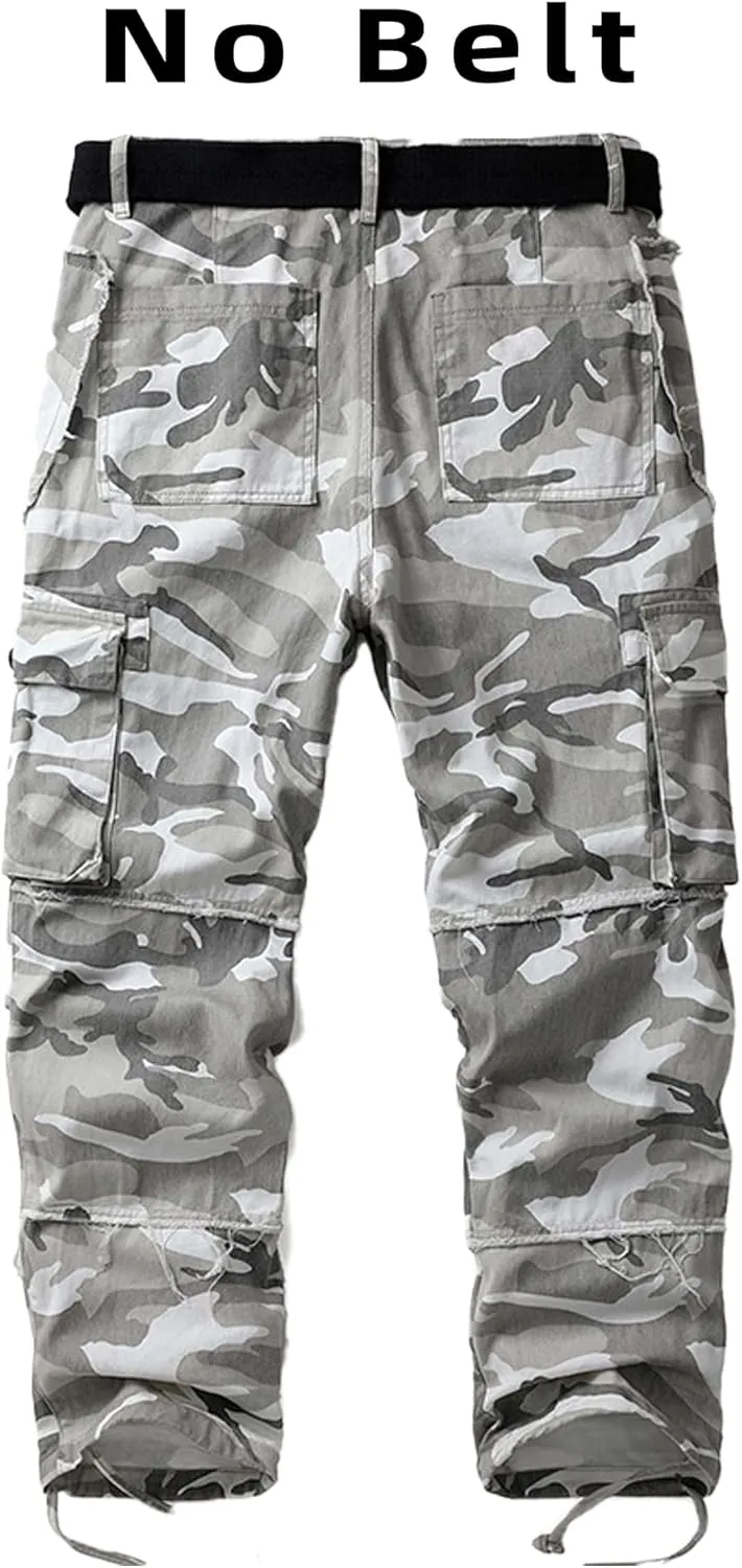 Men's Camo Cargo Work Pants Raw Edge Cotton Casual Streetwear Ripstop Outdoor Trousers with Multi Pockets
