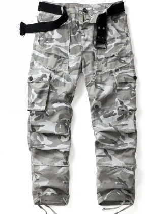 Men's Camo Cargo Work Pants Raw Edge Cotton Casual Streetwear Ripstop Outdoor Trousers with Multi Pockets