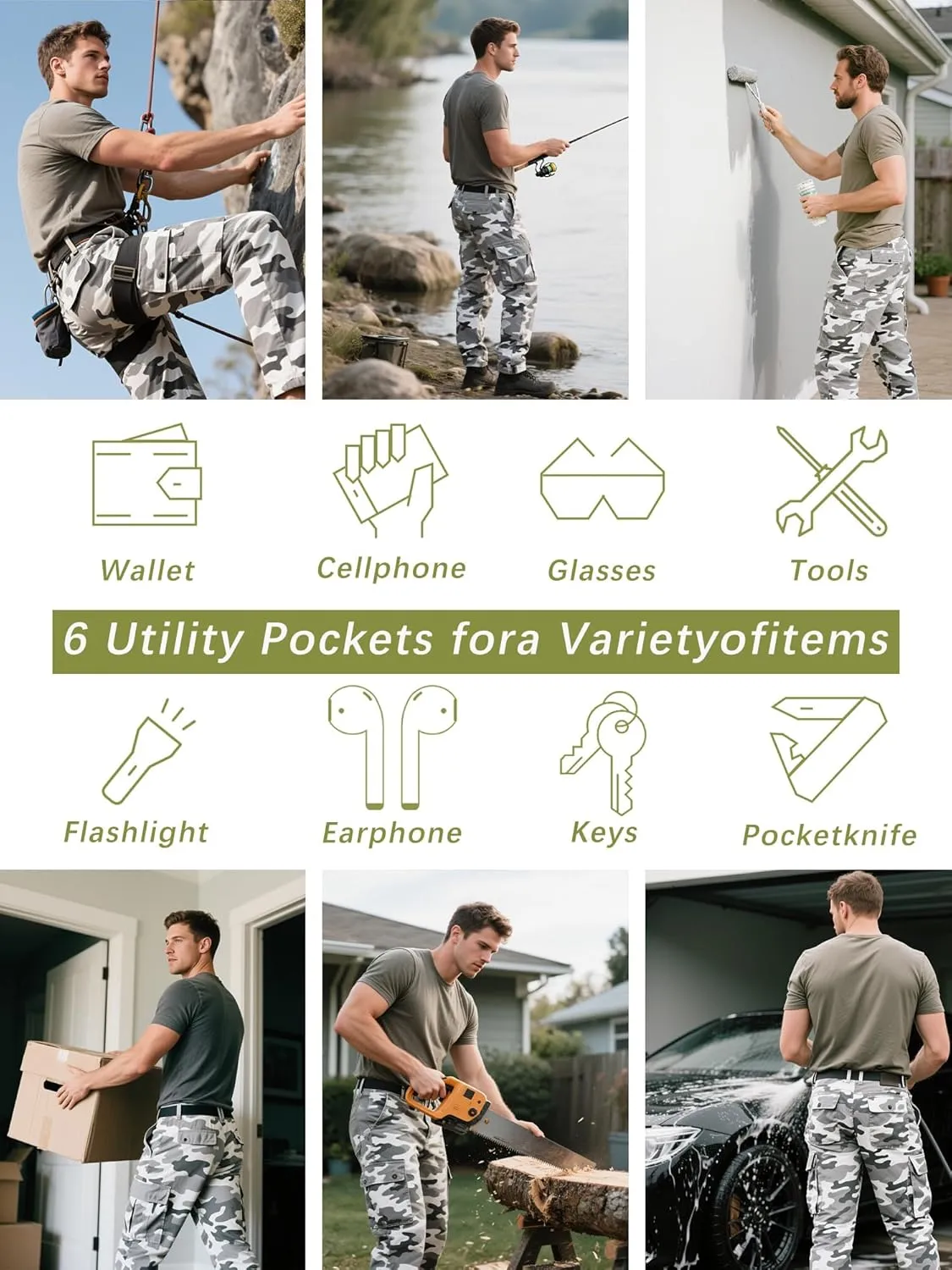 Men's Camo Cargo Work Pants Raw Edge Cotton Casual Streetwear Ripstop Outdoor Trousers with Multi Pockets