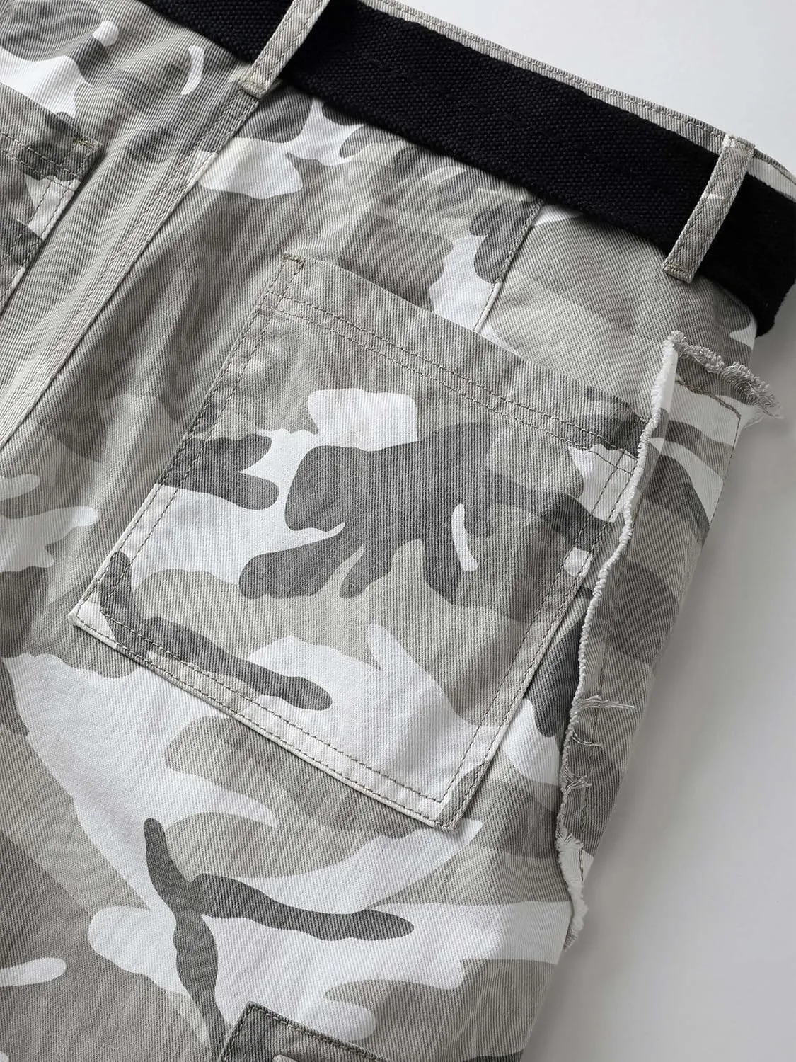 Men's Camo Cargo Work Pants Raw Edge Cotton Casual Streetwear Ripstop Outdoor Trousers with Multi Pockets