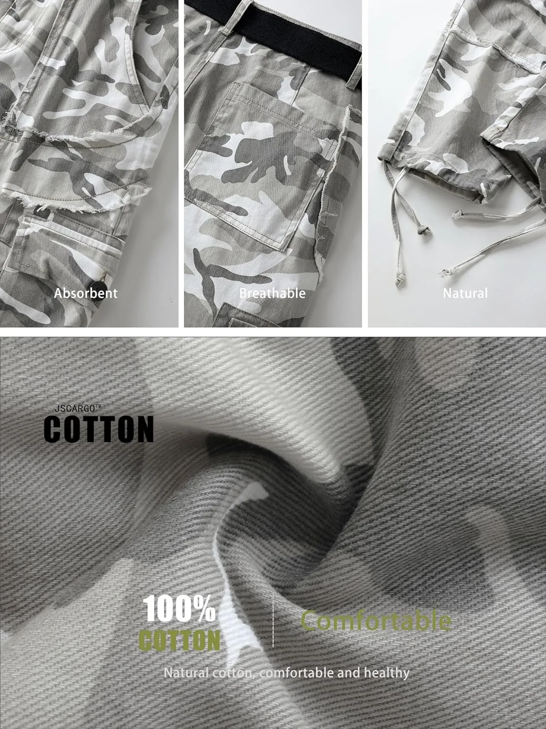 Men's Camo Cargo Work Pants Raw Edge Cotton Casual Streetwear Ripstop Outdoor Trousers with Multi Pockets