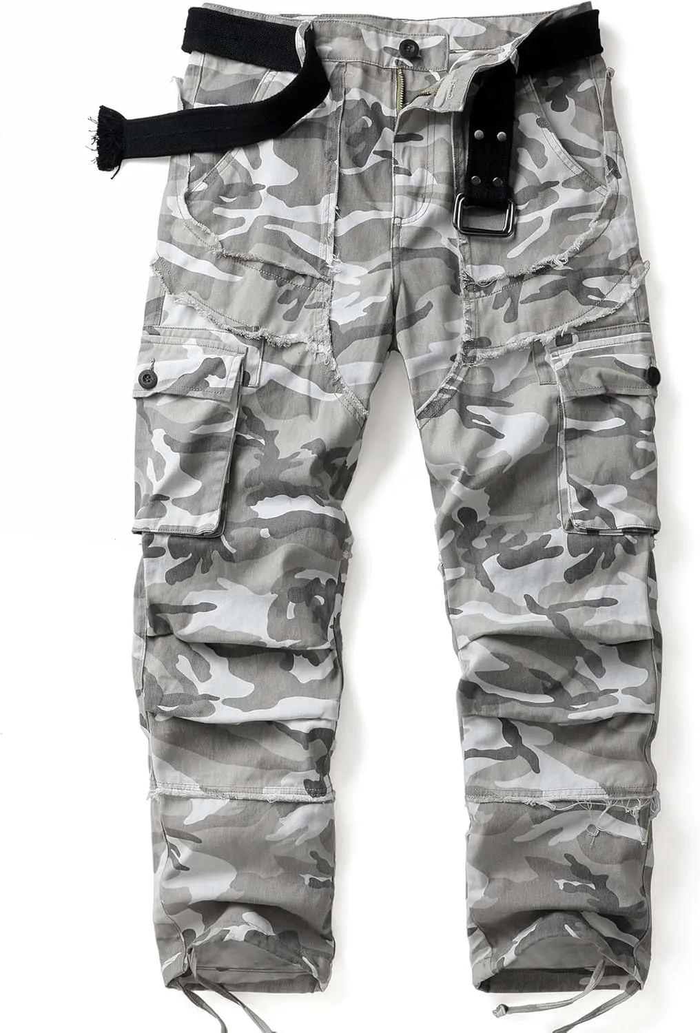 Men's Camo Cargo Work Pants Raw Edge Cotton Casual Streetwear Ripstop Outdoor Trousers with Multi Pockets