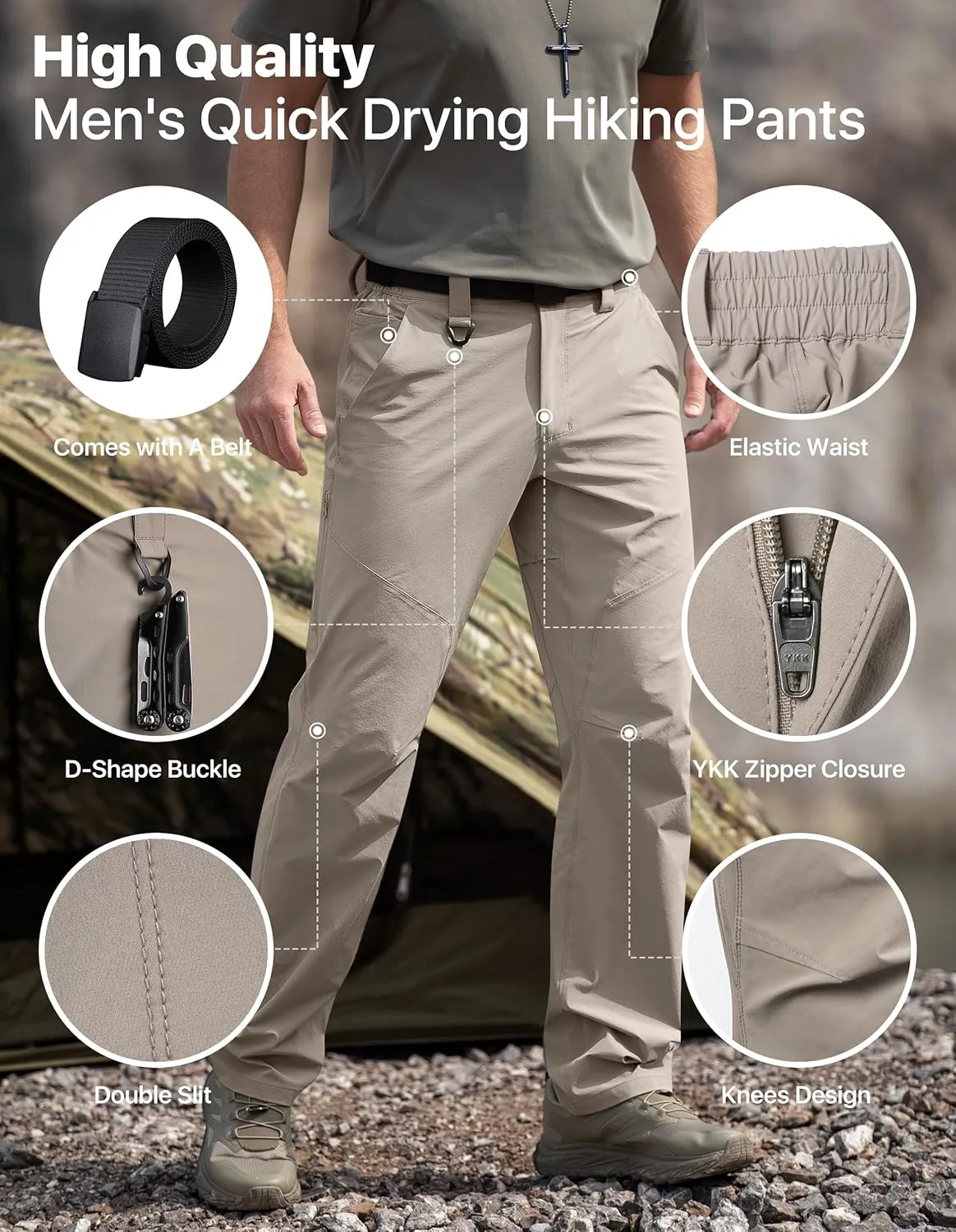 Men's Quick Dry Hiking Pants, Water-Resistant Lightweight Stretch Cargo Pants, Elastic Waist Work Pants with 7 Pockets