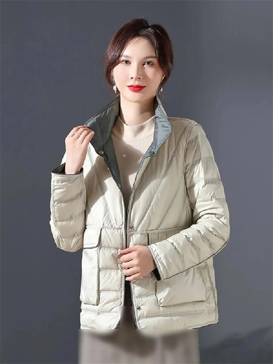 Mnjyihy Women Winter Puffer Jacket White Duck Down Lightweight Reversible Female Parkas Casual Short Coat