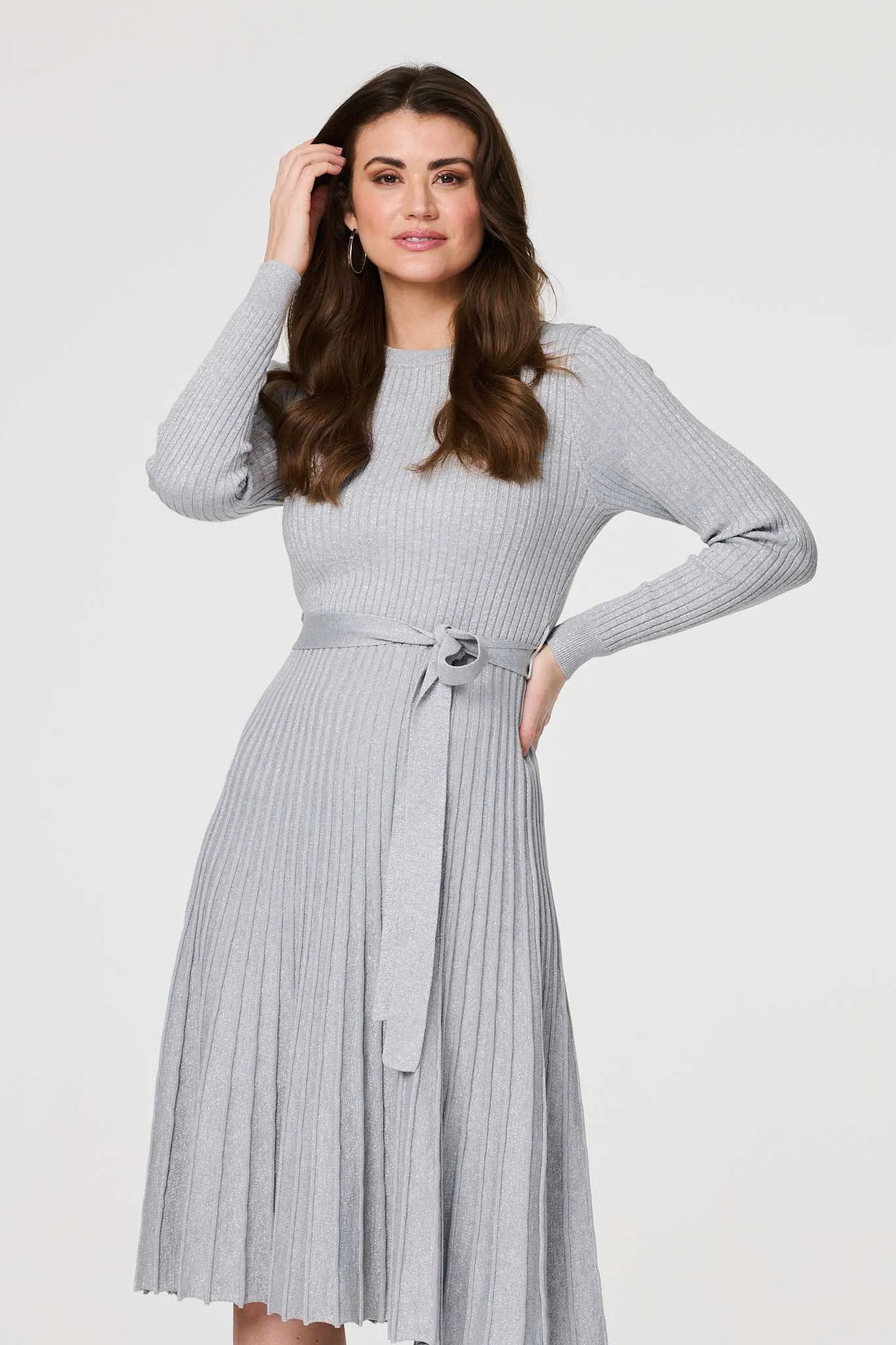 Pleated Tie Waist Ribbed Knit Midi Dress