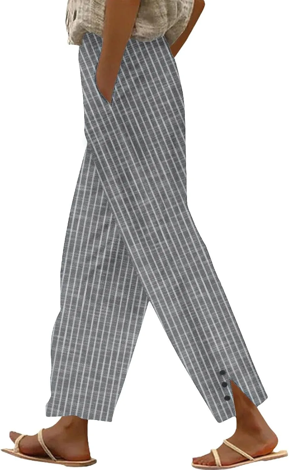 Striped Linen Pants for Women Summer Casual Beach Capris High Waisted Light Weight Gauze Vacation Pinstripe Trousers