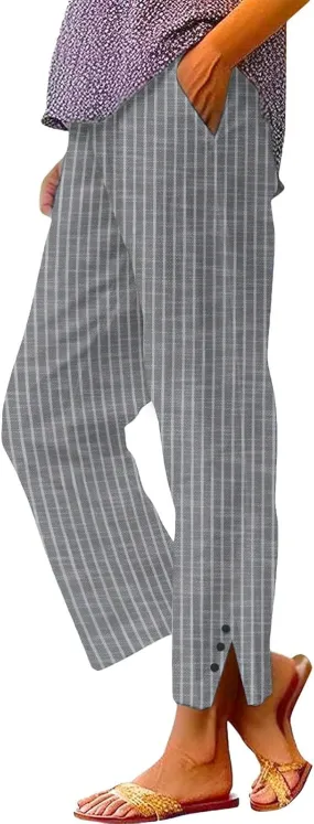 Striped Linen Pants for Women Summer Casual Beach Capris High Waisted Light Weight Gauze Vacation Pinstripe Trousers