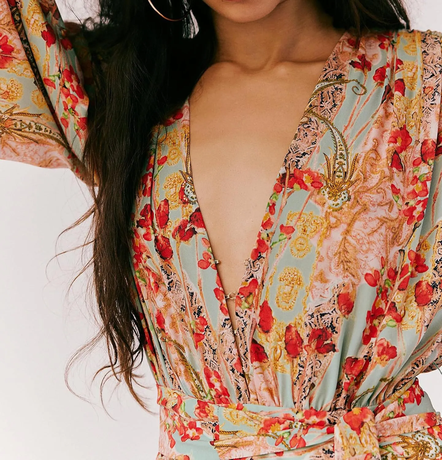 Women's Bohemian Floral Print Long Dress Lantern Long Sleeves Wrap V-Neck Slit Hem Flowy A-Line Party Maxi Dress
