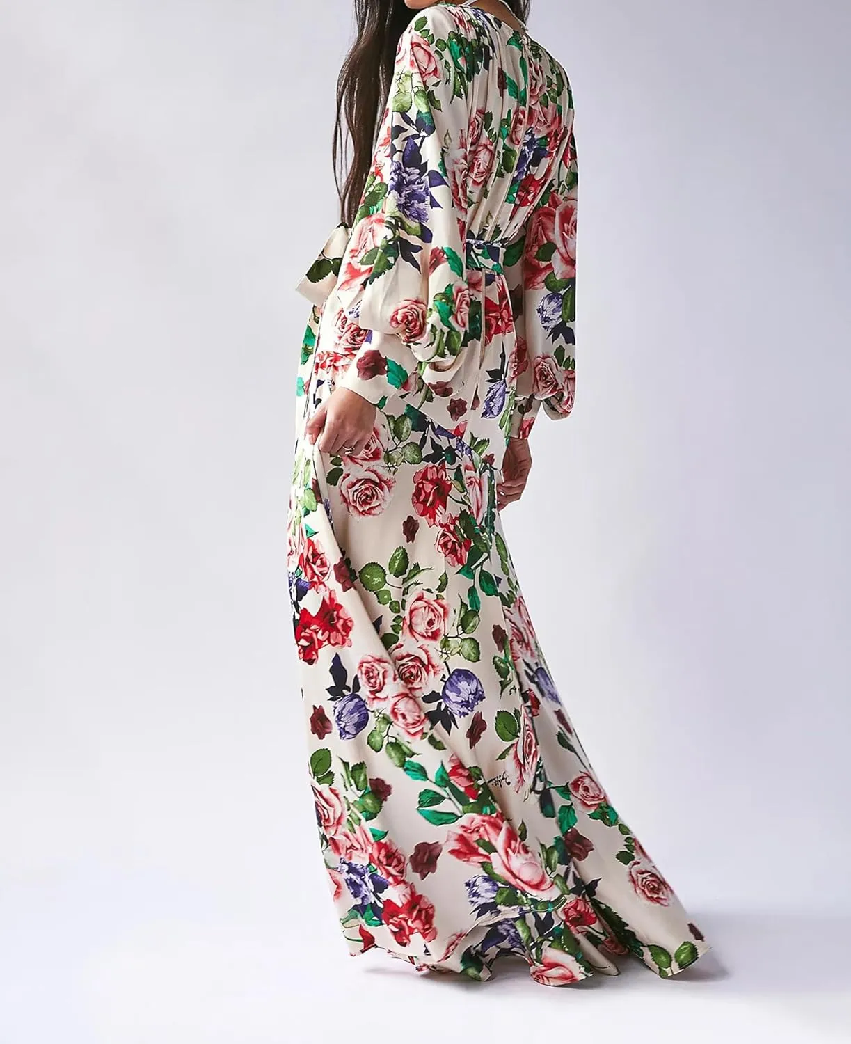 Women's Bohemian Floral Print Long Dress Lantern Long Sleeves Wrap V-Neck Slit Hem Flowy A-Line Party Maxi Dress