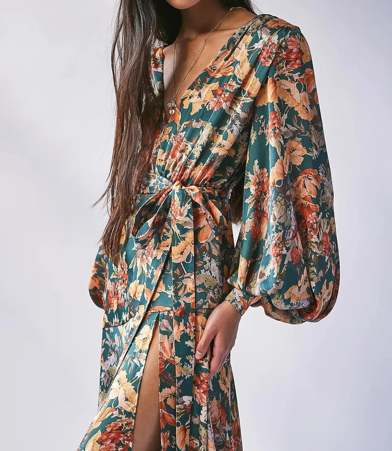 Women's Bohemian Floral Print Long Dress Lantern Long Sleeves Wrap V-Neck Slit Hem Flowy A-Line Party Maxi Dress