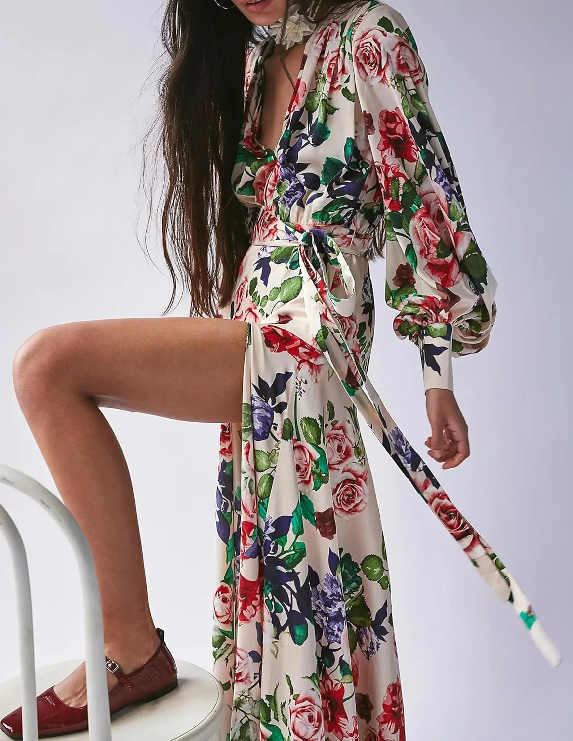 Women's Bohemian Floral Print Long Dress Lantern Long Sleeves Wrap V-Neck Slit Hem Flowy A-Line Party Maxi Dress