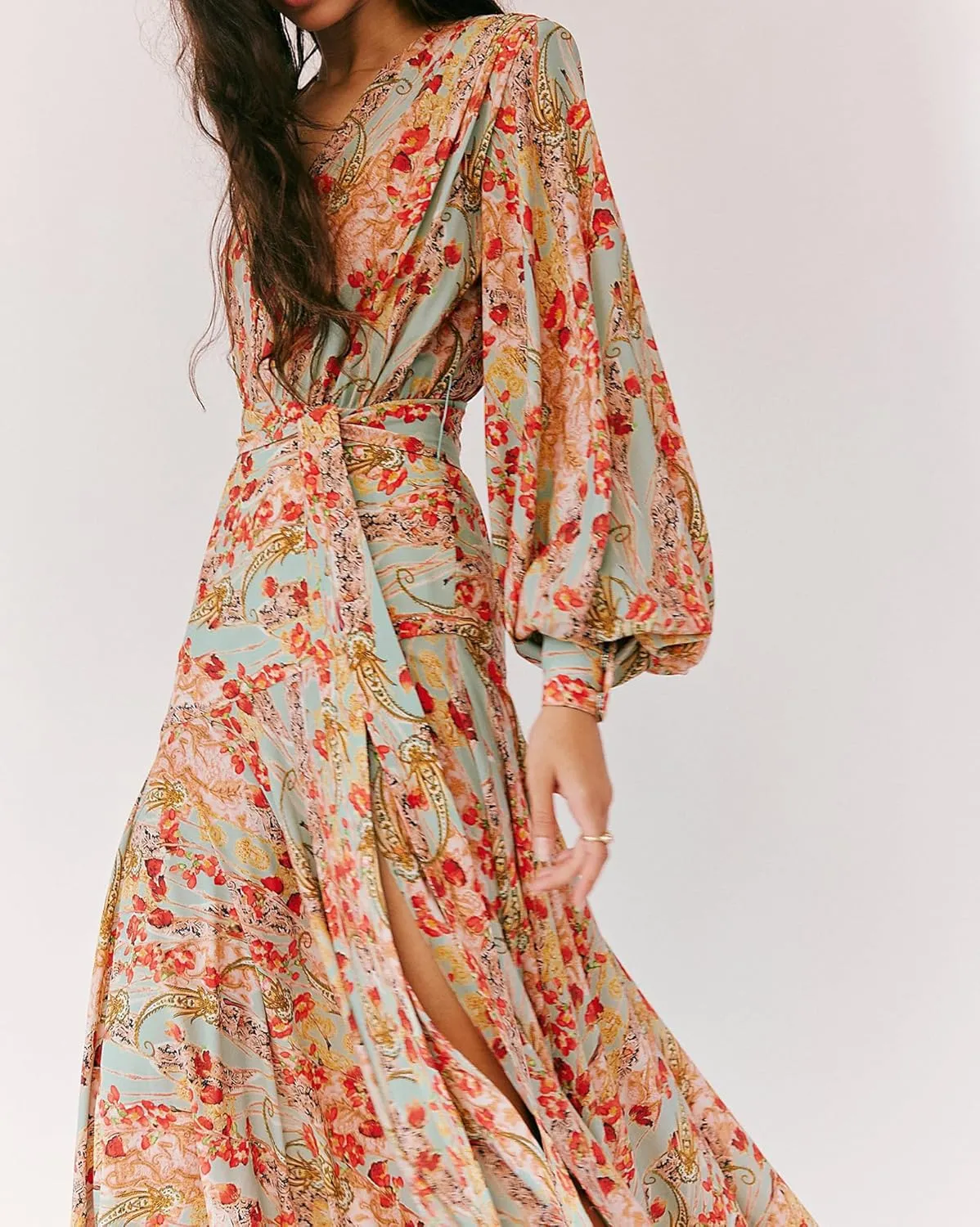 Women's Bohemian Floral Print Long Dress Lantern Long Sleeves Wrap V-Neck Slit Hem Flowy A-Line Party Maxi Dress