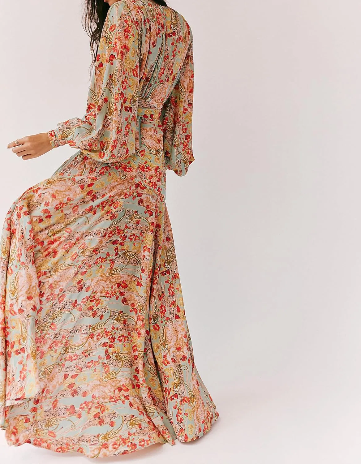 Women's Bohemian Floral Print Long Dress Lantern Long Sleeves Wrap V-Neck Slit Hem Flowy A-Line Party Maxi Dress