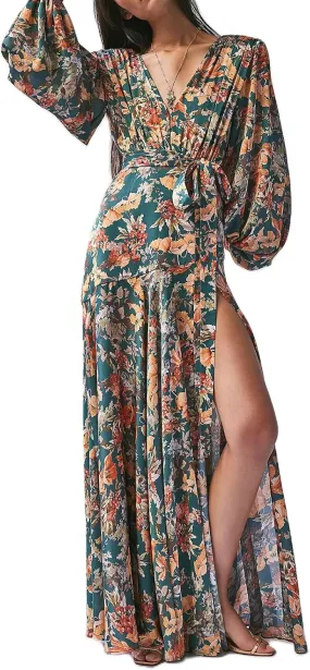 Women's Bohemian Floral Print Long Dress Lantern Long Sleeves Wrap V-Neck Slit Hem Flowy A-Line Party Maxi Dress