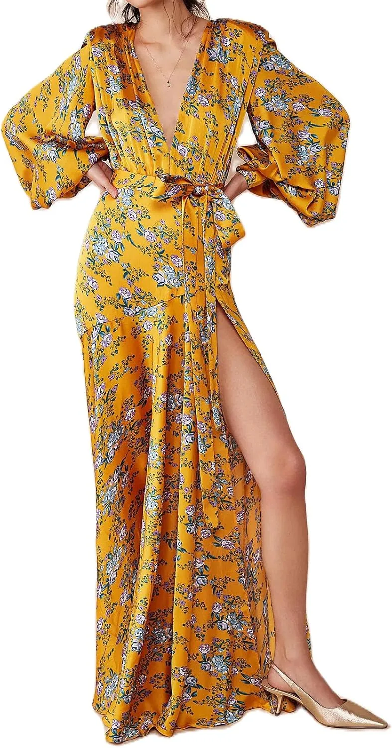 Women's Bohemian Floral Print Long Dress Lantern Long Sleeves Wrap V-Neck Slit Hem Flowy A-Line Party Maxi Dress