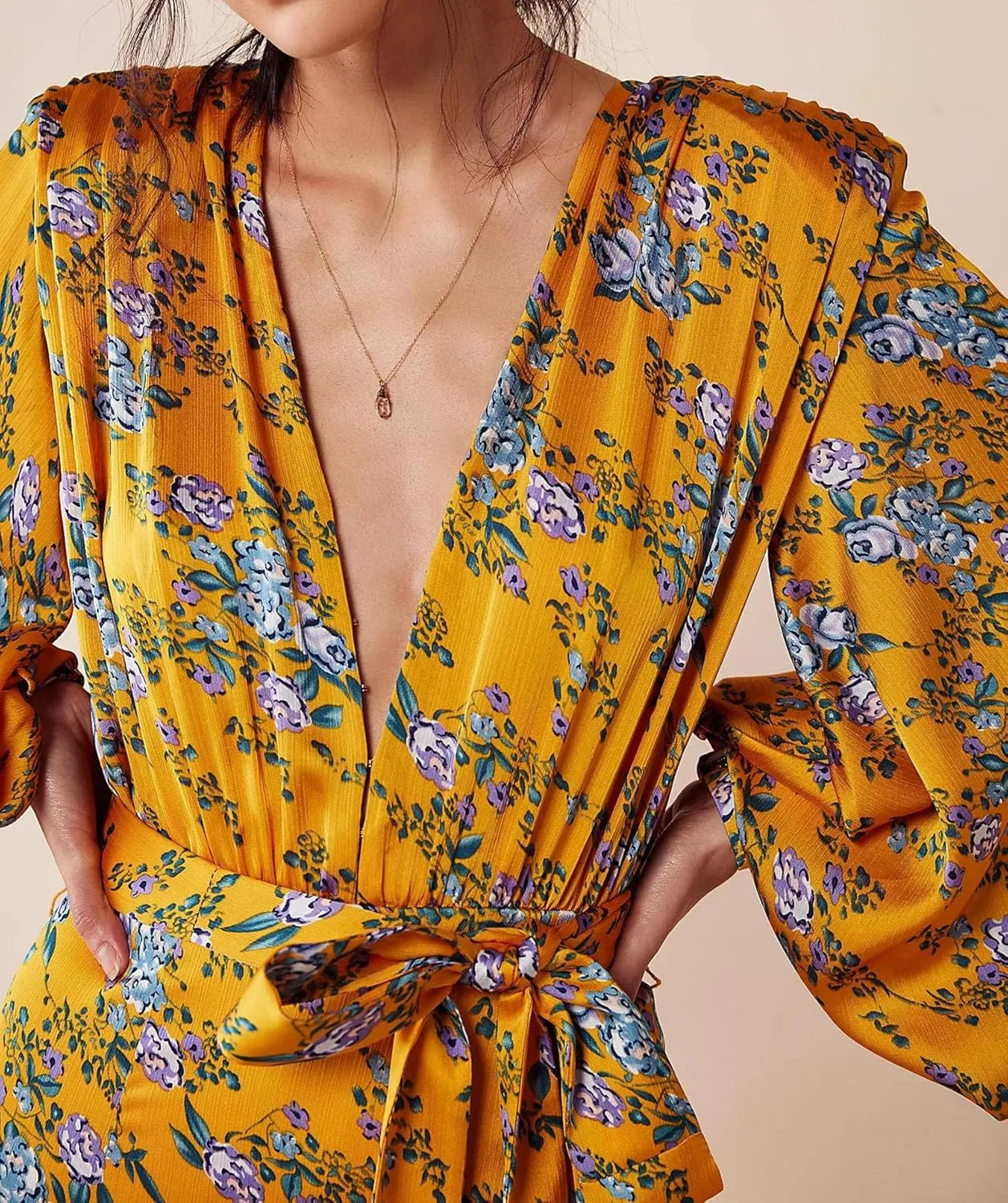 Women's Bohemian Floral Print Long Dress Lantern Long Sleeves Wrap V-Neck Slit Hem Flowy A-Line Party Maxi Dress
