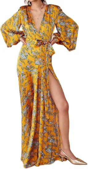 Women's Bohemian Floral Print Long Dress Lantern Long Sleeves Wrap V-Neck Slit Hem Flowy A-Line Party Maxi Dress