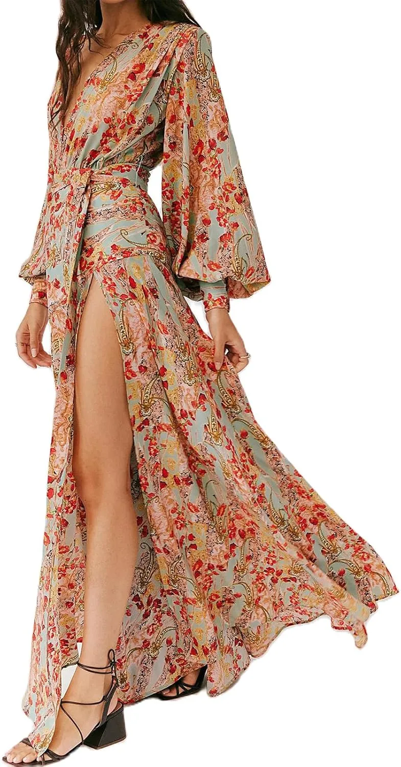 Women's Bohemian Floral Print Long Dress Lantern Long Sleeves Wrap V-Neck Slit Hem Flowy A-Line Party Maxi Dress
