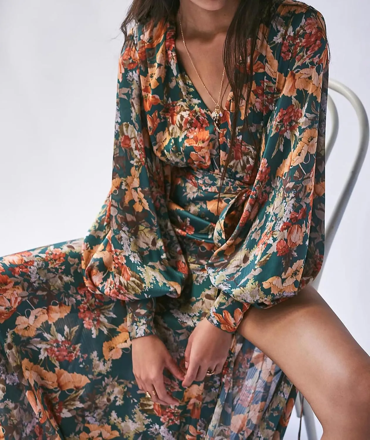 Women's Bohemian Floral Print Long Dress Lantern Long Sleeves Wrap V-Neck Slit Hem Flowy A-Line Party Maxi Dress