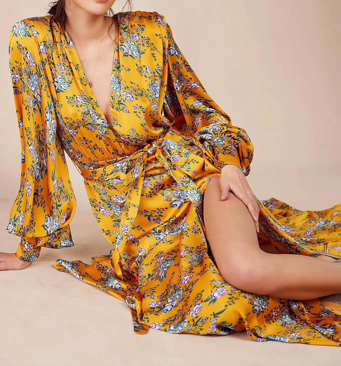 Women's Bohemian Floral Print Long Dress Lantern Long Sleeves Wrap V-Neck Slit Hem Flowy A-Line Party Maxi Dress