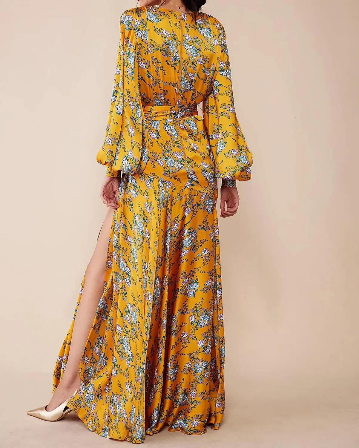 Women's Bohemian Floral Print Long Dress Lantern Long Sleeves Wrap V-Neck Slit Hem Flowy A-Line Party Maxi Dress
