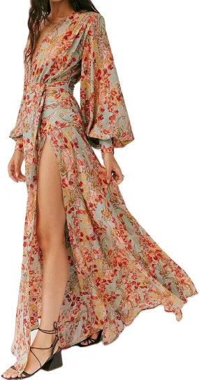 Women's Bohemian Floral Print Long Dress Lantern Long Sleeves Wrap V-Neck Slit Hem Flowy A-Line Party Maxi Dress