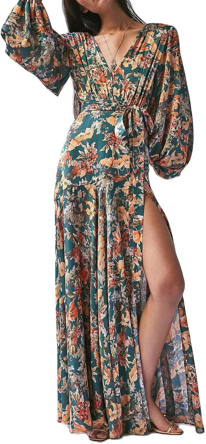 Women's Bohemian Floral Print Long Dress Lantern Long Sleeves Wrap V-Neck Slit Hem Flowy A-Line Party Maxi Dress