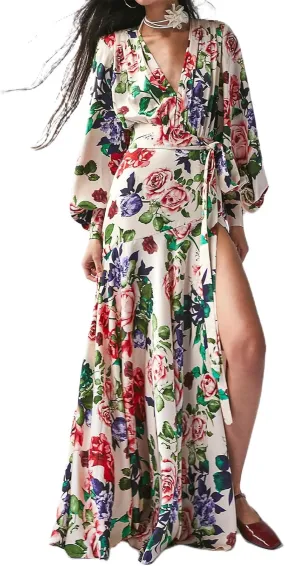 Women's Bohemian Floral Print Long Dress Lantern Long Sleeves Wrap V-Neck Slit Hem Flowy A-Line Party Maxi Dress
