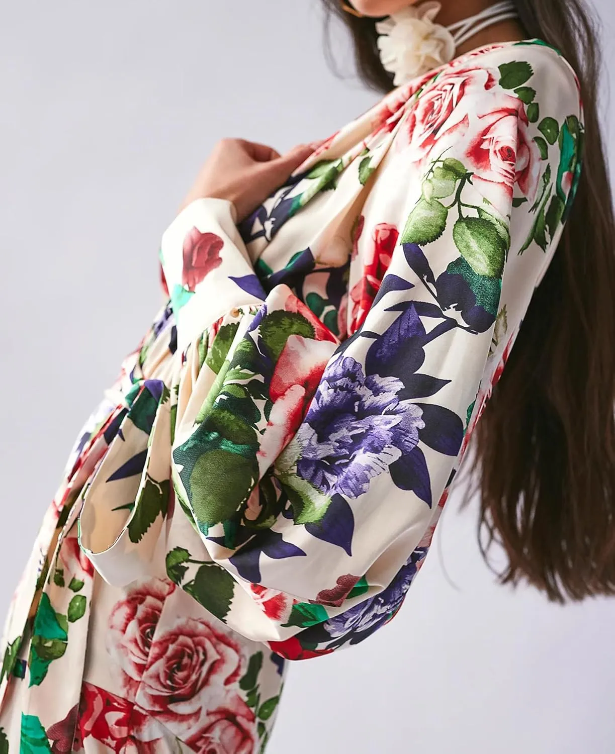 Women's Bohemian Floral Print Long Dress Lantern Long Sleeves Wrap V-Neck Slit Hem Flowy A-Line Party Maxi Dress